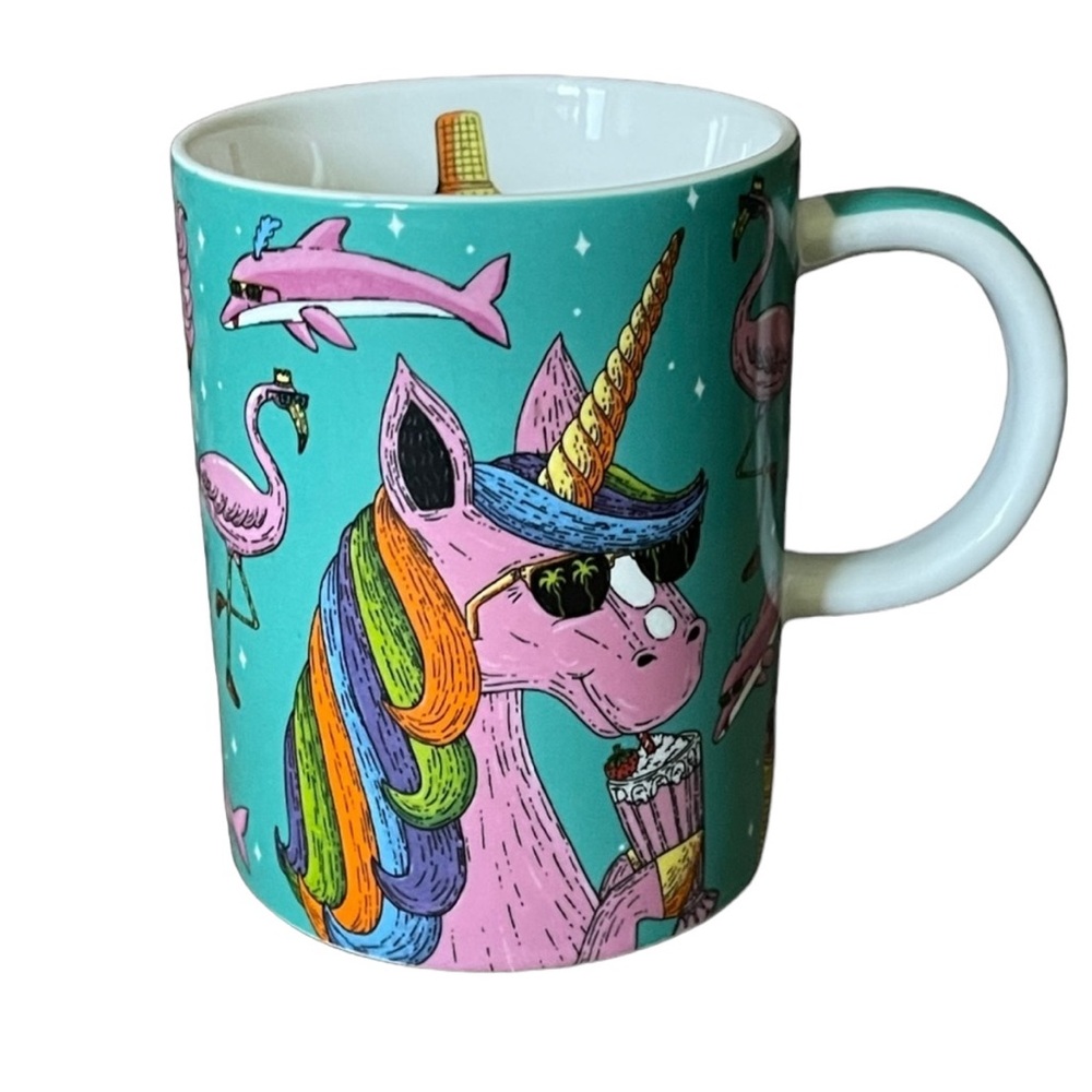 Maxwell Williams Funky Unicorn and  Pink Dolphin Coffee Mug Rainbow Fun